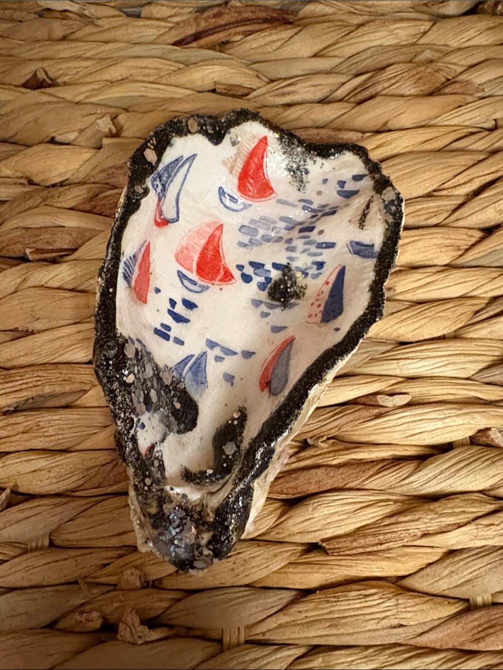 Hand-Painted Shell Art Dish with Red & Blue Sailboats